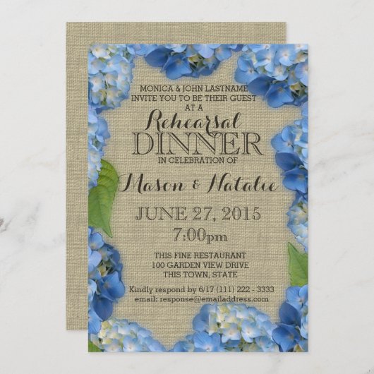 Invitation Dîner de répétition Blue Hydrangeas 5x7 (Devant / Derrière)