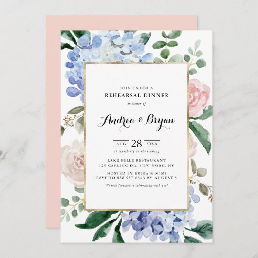 Invitation Dîner de répétition Blue Hydrangeas and Pink Roses (Devant / Derrière)