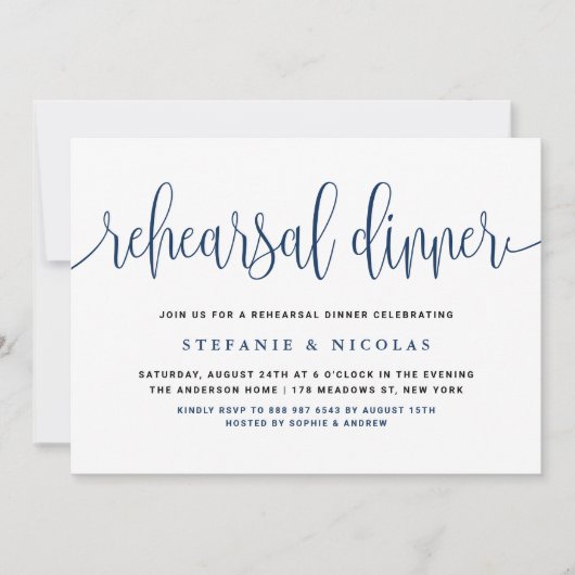 Invitation Dîner de répétition Blue Pretty Calligraphy (Devant)