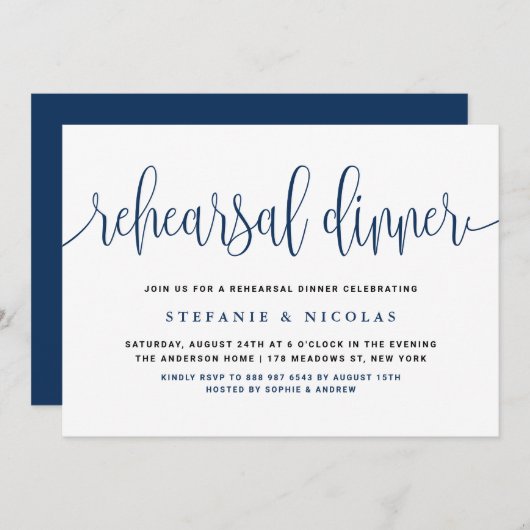 Invitation Dîner de répétition Blue Pretty Calligraphy (Devant / Derrière)