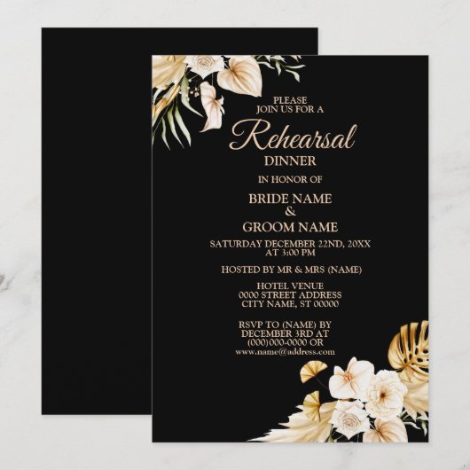 Invitation Dîner de répétition Blush Rose Floral Golden Black (Devant / Derrière)