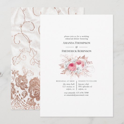 Invitation Dîner de répétition Blush & Rose Gold Floral et de (Devant / Derrière)