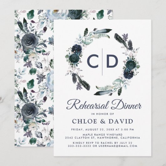 Invitation Dîner de répétition bohème rustique bleu floral (Devant / Derrière)