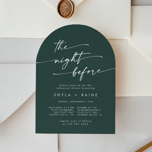 Invitation Dîner de répétition Boho Chic Emerald Green Arch