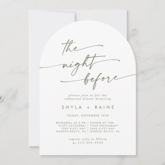 Invitation Dîner de répétition Boho Chic Green et White Arch (Devant)