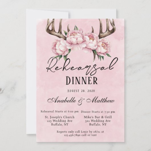 Invitation Dîner de répétition Boho Deer Antlers Pink Peonies (Devant)