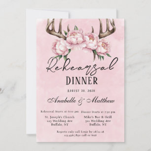 Invitation Dîner de répétition Boho Deer Antlers Pink Peonies