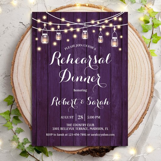 Invitation Dîner de répétition - Bois rustique violet