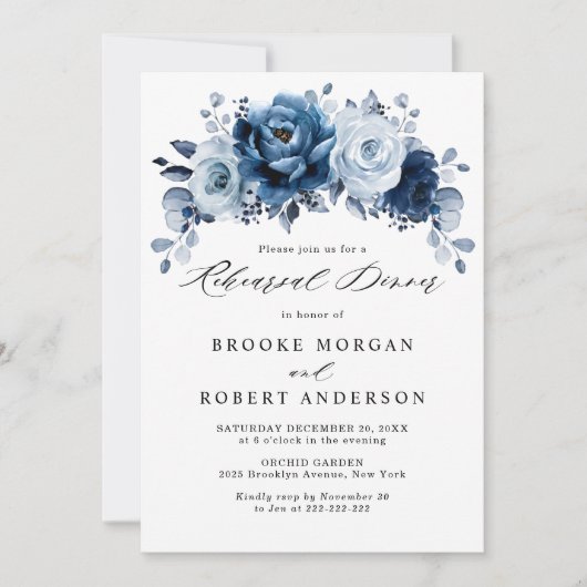 Invitation Dîner de répétition botanique Dusty Blue Slate Nav (Devant)