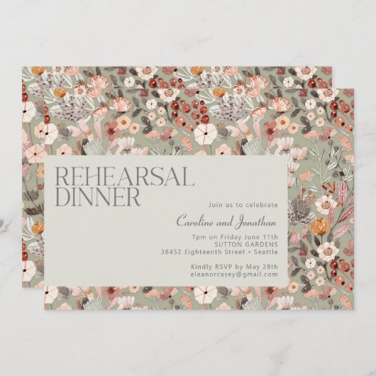 Invitation Dîner de répétition Botanique Rustique Sage (Devant / Derrière)