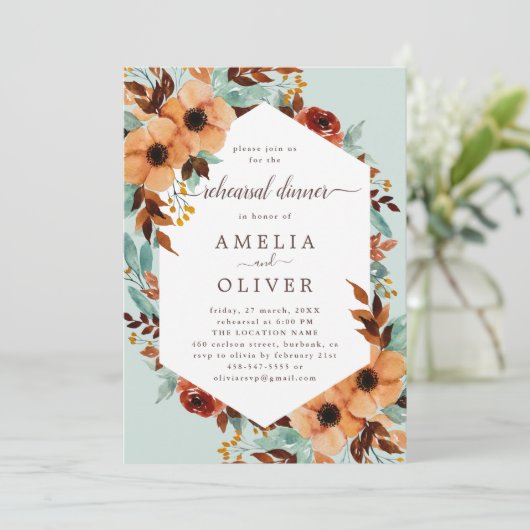 Invitation Dîner de répétition botanique rustique vert Mint (Debout devant)