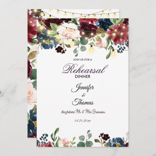 Invitation Dîner de répétition Burgundy & Bleu Anglais Fleurs (Devant / Derrière)