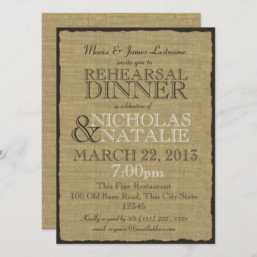 Invitation Dîner de répétition Burlap Look (Devant / Derrière)