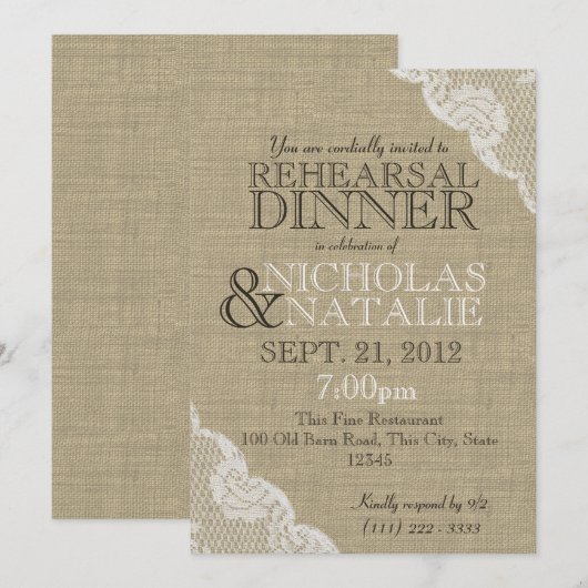 Invitation Dîner de répétition Burlap Look (Devant / Derrière)