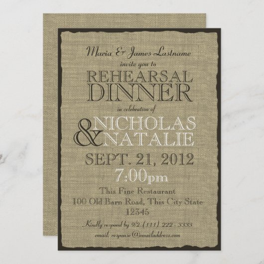 Invitation Dîner de répétition Burlap Look (Devant / Derrière)
