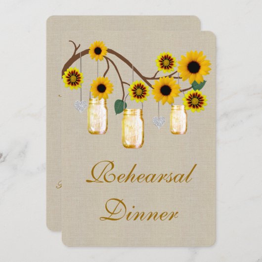 Invitation Dîner de répétition Burlap Rustic Yellow Mason Jar (Devant / Derrière)