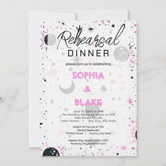 Invitation Dîner de répétition céleste noir et rose (Devant)