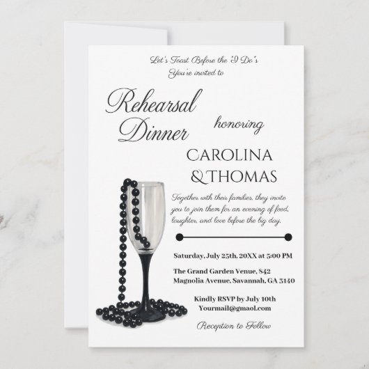 Invitation Dîner de répétition Champagne Perle Noir et Blanc (Devant)