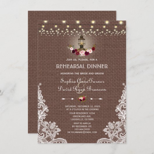 Invitation Dîner de répétition Chic Burlap String Lights (Devant / Derrière)