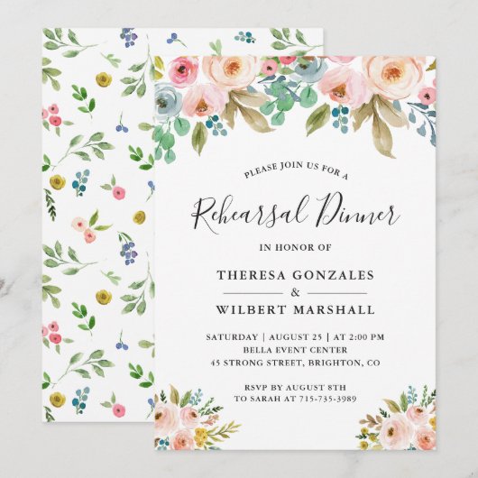 Invitation Dîner de répétition chic floral (Devant / Derrière)