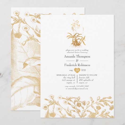 Invitation Dîner de répétition chic floral or (Devant / Derrière)