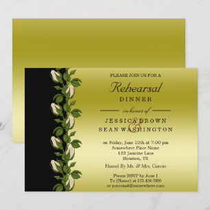Invitation Dîner de répétition chic floral romantique or et n