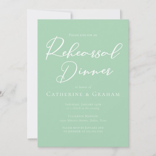 Invitation Dîner de répétition Chic Mint Green White Script (Devant)