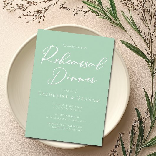 Invitation Dîner de répétition Chic Mint Green White Script