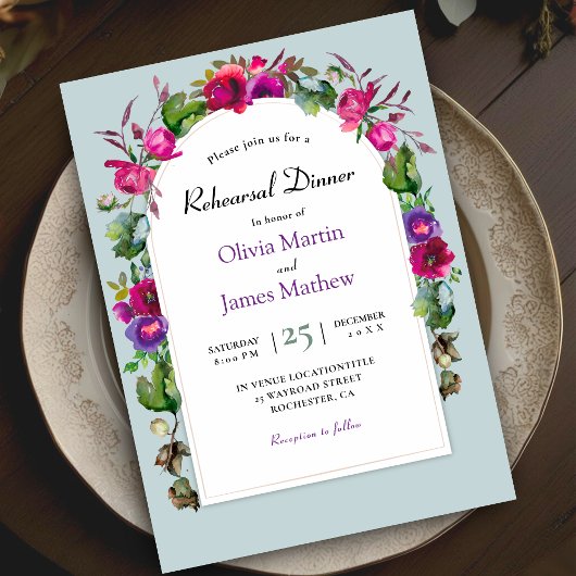 Invitation Dîner de répétition chic rose printanier de fleurs