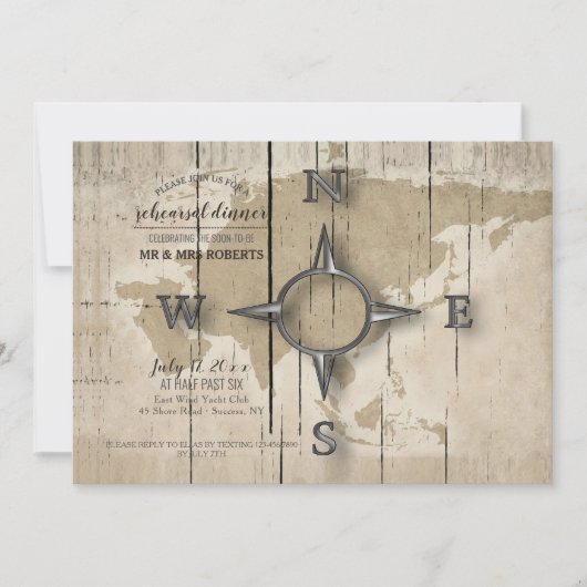 Invitation Dîner de répétition Compass et World Map (Devant)