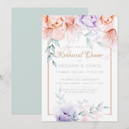 Invitation Dîner de répétition | Corail / Lilac Aquarelle Peo (Devant / Derrière)