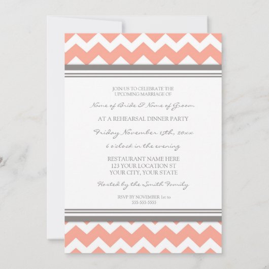 Invitation Dîner de répétition Coral Grey Chevron (Dos)