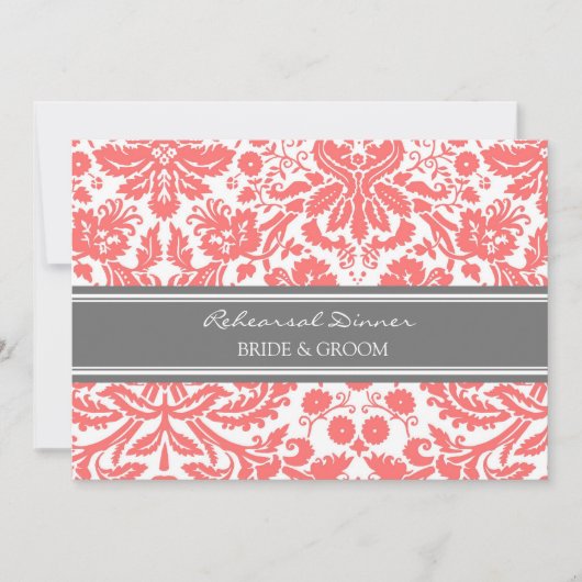 Invitation Dîner de répétition Coral Grey Damask (Devant)