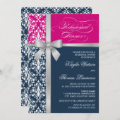 Invitation Dîner de répétition Damask Faux Silver Ribbon (Devant / Derrière)