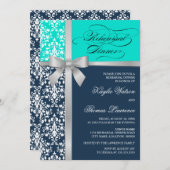 Invitation Dîner de répétition Damask Faux Silver Ribbon (Devant / Derrière)