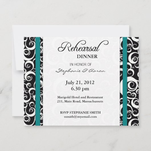 Invitation Dîner de répétition Damask Swirl en Turquoise (Devant)
