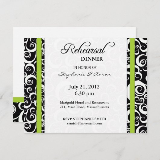 Invitation Dîner de répétition Damask Swirl en vert (Devant / Derrière)