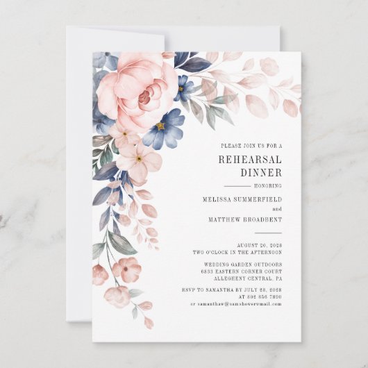 Invitation Dîner de répétition d'aquarelle bleu rose pâle (Devant)