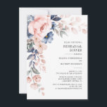 Invitation Dîner de répétition d'aquarelle bleu rose pâle<br><div class="desc">Annoncez votre prochain dîner de répétition avec une carte d'invitation couleur bleu indigo rose moderne à être la mariée et les invités adoreraient. Avec une belle aquarelle botanique fleurie et typographie moderne, vous pouvez facilement customiser. Ajoutez simplement les détails de la douche ou ajoutez des informations supplémentaires en cliquant sur...</div>