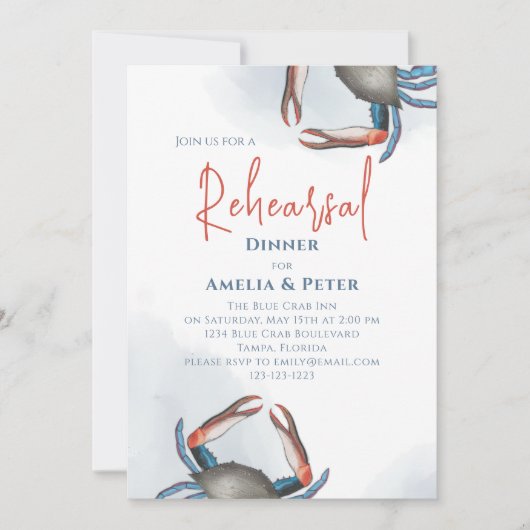 Invitation Dîner de répétition d'aquarelle Crabe bleu mer Cod (Devant)