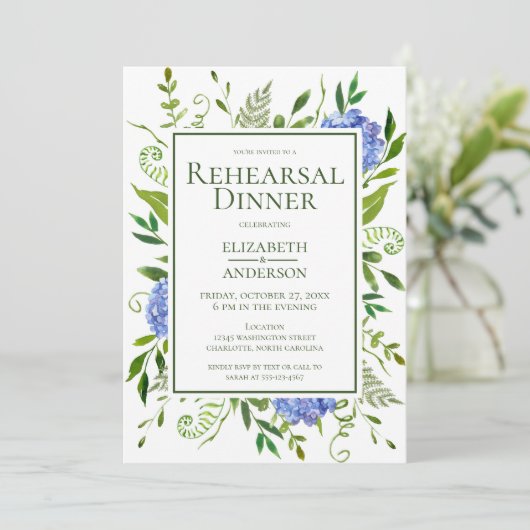 Invitation Dîner de répétition d'aquarelle florale Blue Hydra (Debout devant)