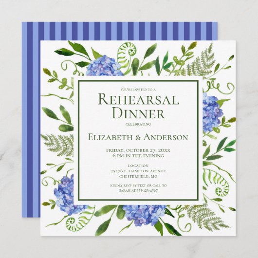 Invitation Dîner de répétition d'aquarelle florale Blue Hydra (Devant / Derrière)