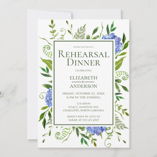 Invitation Dîner de répétition d'aquarelle florale Blue Hydra (Devant)