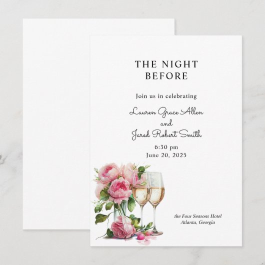 Invitation Dîner de répétition d'aquarelle rose Peony (Devant / Derrière)