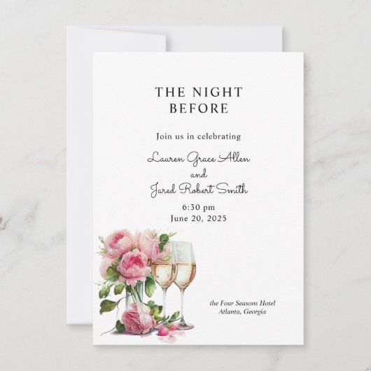 Invitation Dîner de répétition d'aquarelle rose Peony (Devant)