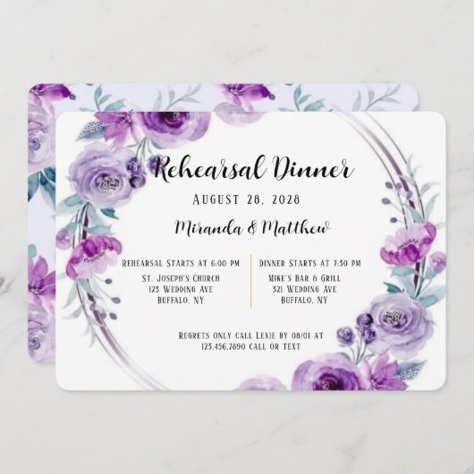 Invitation Dîner de répétition d'aquarelle violette (Devant / Derrière)