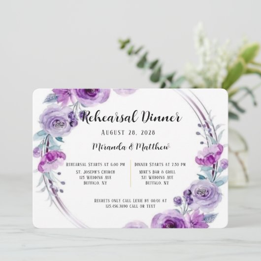Invitation Dîner de répétition d'aquarelle violette (Debout devant)