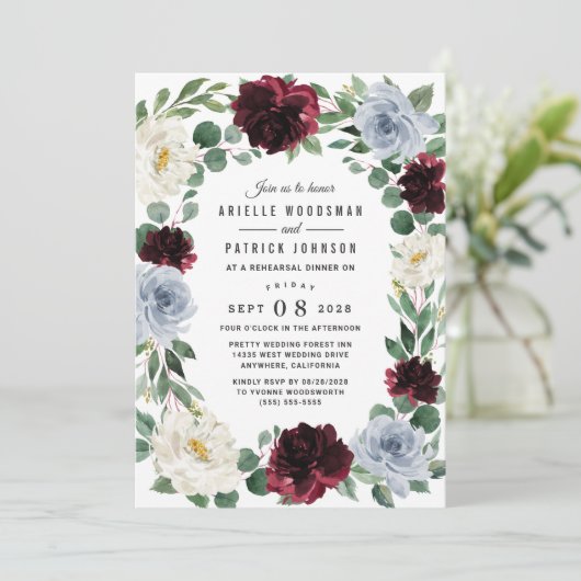 Invitation Dîner de répétition d'automne Dusty Blue et Burgun (Debout devant)