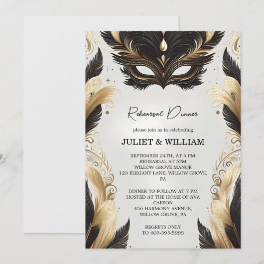 Invitation Dîner de répétition de bal masqué (Devant / Derrière)