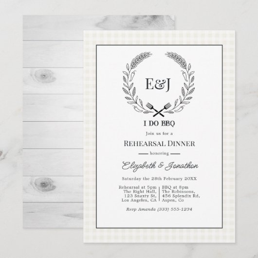 Invitation Dîner de répétition de BBQ Rustique Monogramme I D (Devant / Derrière)